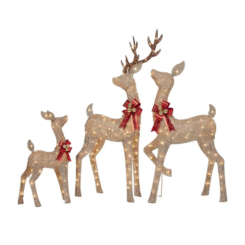 Set of 3 Light-up Glitter Deer Family With 210 Clear Incandescent Christmas Lights Outdoor Christmas Inflatable Decoration