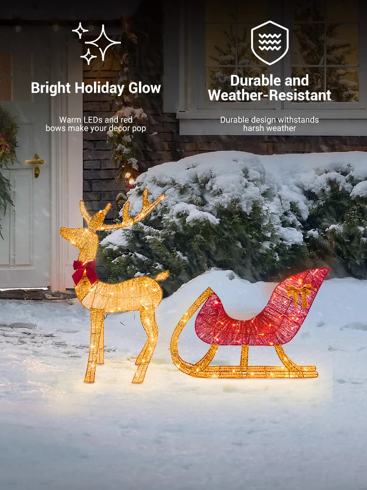 4ft Christmas Reindeer & Sleigh Outdoor Yard Decoration Set with LED Lights 