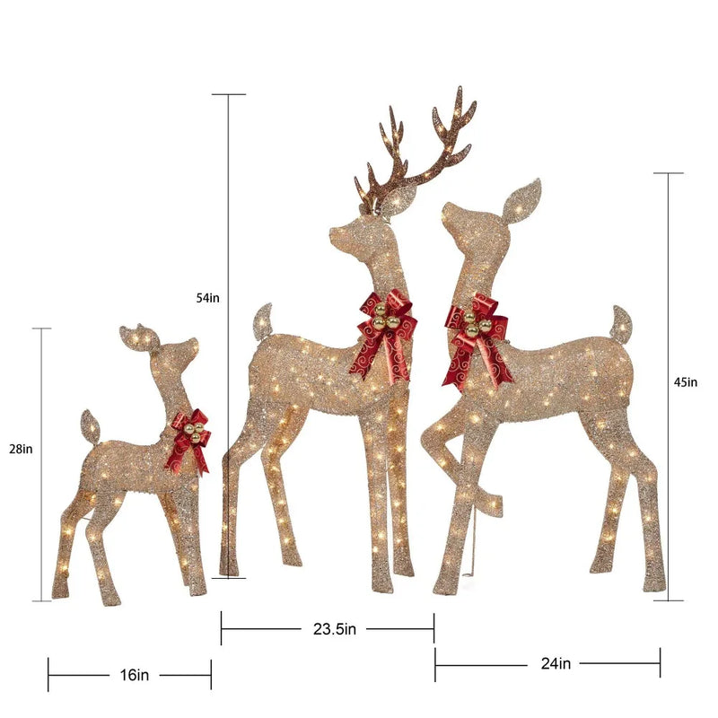 Set of 3 Light-up Glitter Deer Family With 210 Clear Incandescent Christmas Lights Outdoor Christmas Inflatable Decoration