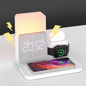 4 In 1  Fast Wireless Charger Station & Lamp With  Alarm Clock